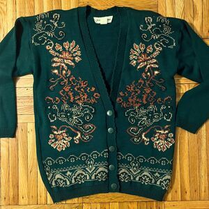 Vintage 80s Norton McNaughton Floral Knit Cardigan Forest Green Made USA